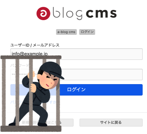 a-blog cms ログイン画面に不正ログインしようとしている様子のイメージ